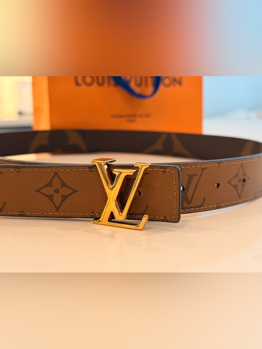 Louis Vuitton Brown Monogram Leather Belt with Gold LV Buckle